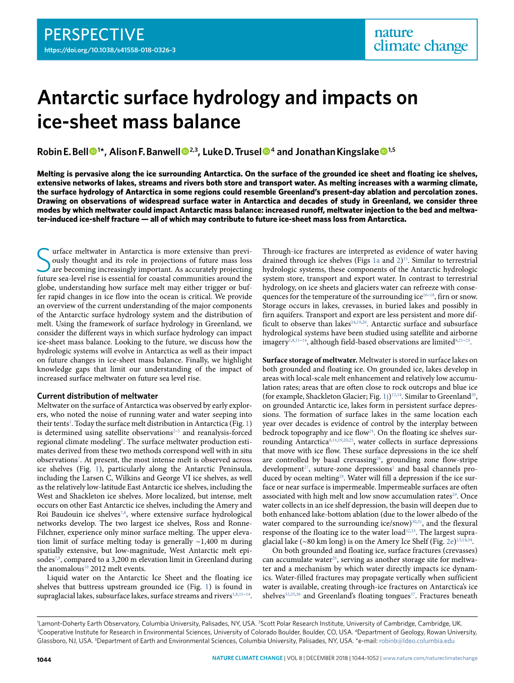 Antarctic Surface Hydrology and Impacts on Ice-Sheet Mass Balance