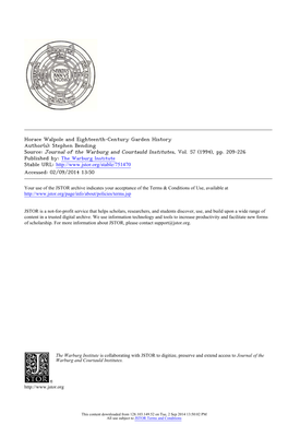 Horace Walpole and Eighteenth-Century Garden History Author(S): Stephen Bending Source: Journal of the Warburg and Courtauld Institutes, Vol
