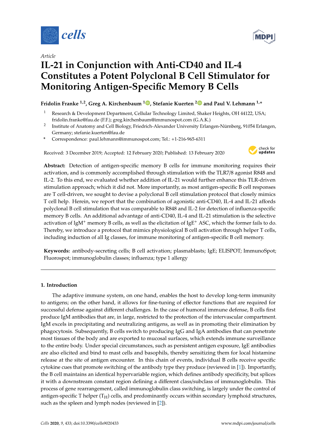 IL-21 in Conjunction with Anti-CD40 and IL-4 Constitutes a Potent Polyclonal B Cell Stimulator for Monitoring Antigen-Speciﬁc Memory B Cells