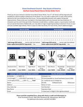 Great Southwest Council ‐ Boy Scouts of America Gorham Scout Ranch Honor Bricks Order Form