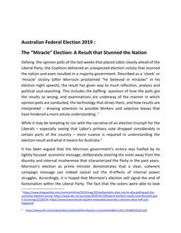Australian Federal Election 2019 : the “Miracle” Election: a Result That Stunned the Nation