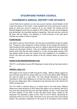 Stourpaine Parish Council Chairman's Annual Report for 2014/2015