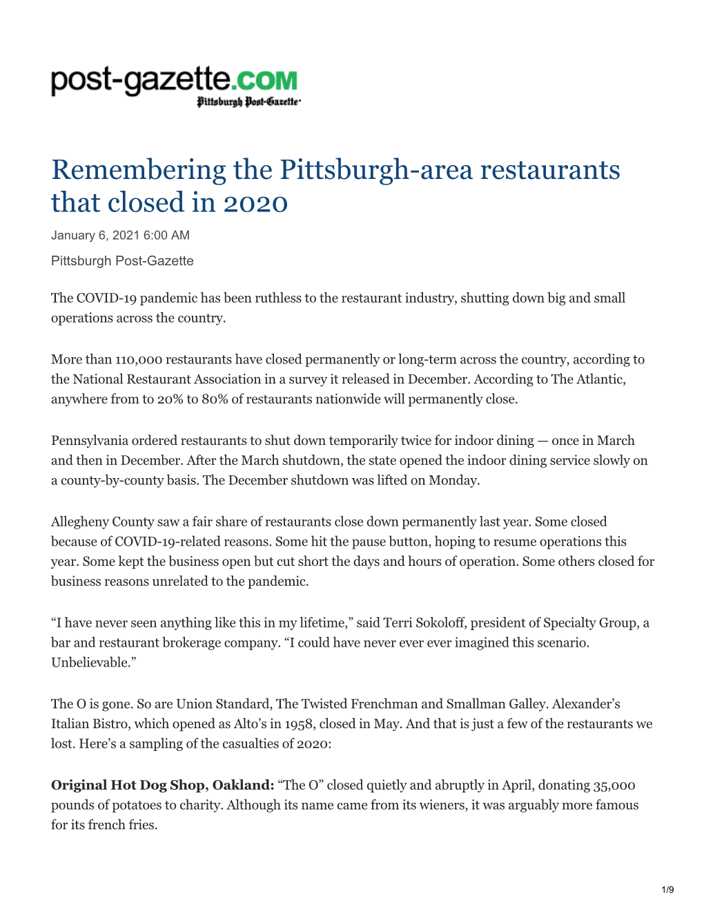Remembering the Pittsburgh-Area Restaurants That Closed in 2020 January 6, 2021 6:00 AM Pittsburgh Post-Gazette