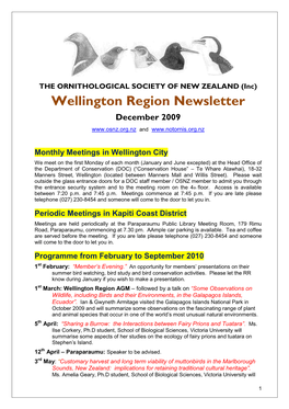 ORNITHOLOGICAL SOCIETY of NEW ZEALAND (Inc) Wellington Region Newsletter December 2009 And