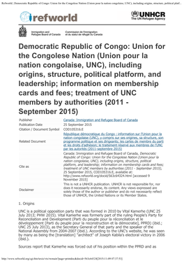 Democratic Republic of Congo: Union for the Congolese Nation (Union Pour La Nation Congolaise, UNC), Including Origins, Structure, Political Platf