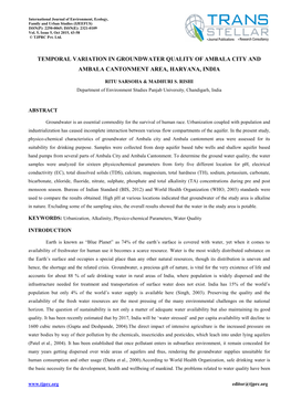 Temporal Variation in Groundwater Quality of Ambala City and Ambala Cantonment Area, Haryana, India
