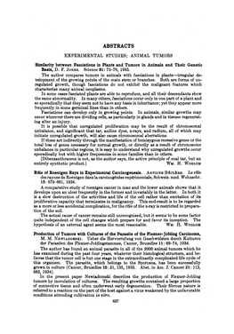 ABSTRACTS EXPERIMENTAL STUDIES; ANIMAL TUMORS Similarity Between Fasciations in Plants and Tumors in Animals and Their Genetic Basis, D