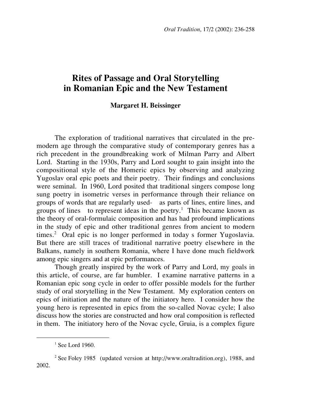 Rites of Passage and Oral Storytelling in Romanian Epic and the New Testament