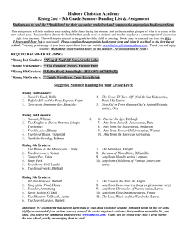 5Th Grade Summer Reading List & Assignment