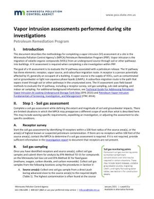 Vapor Intrusion Assessments Performed During Site Investigations Petroleum Remediation Program I