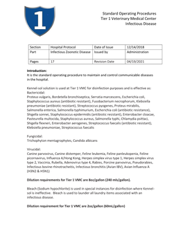 Standard Operating Procedures Tier 1 Veterinary Medical Center Infectious Disease