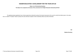 Higher Education Scholarship for the Year 2019-20