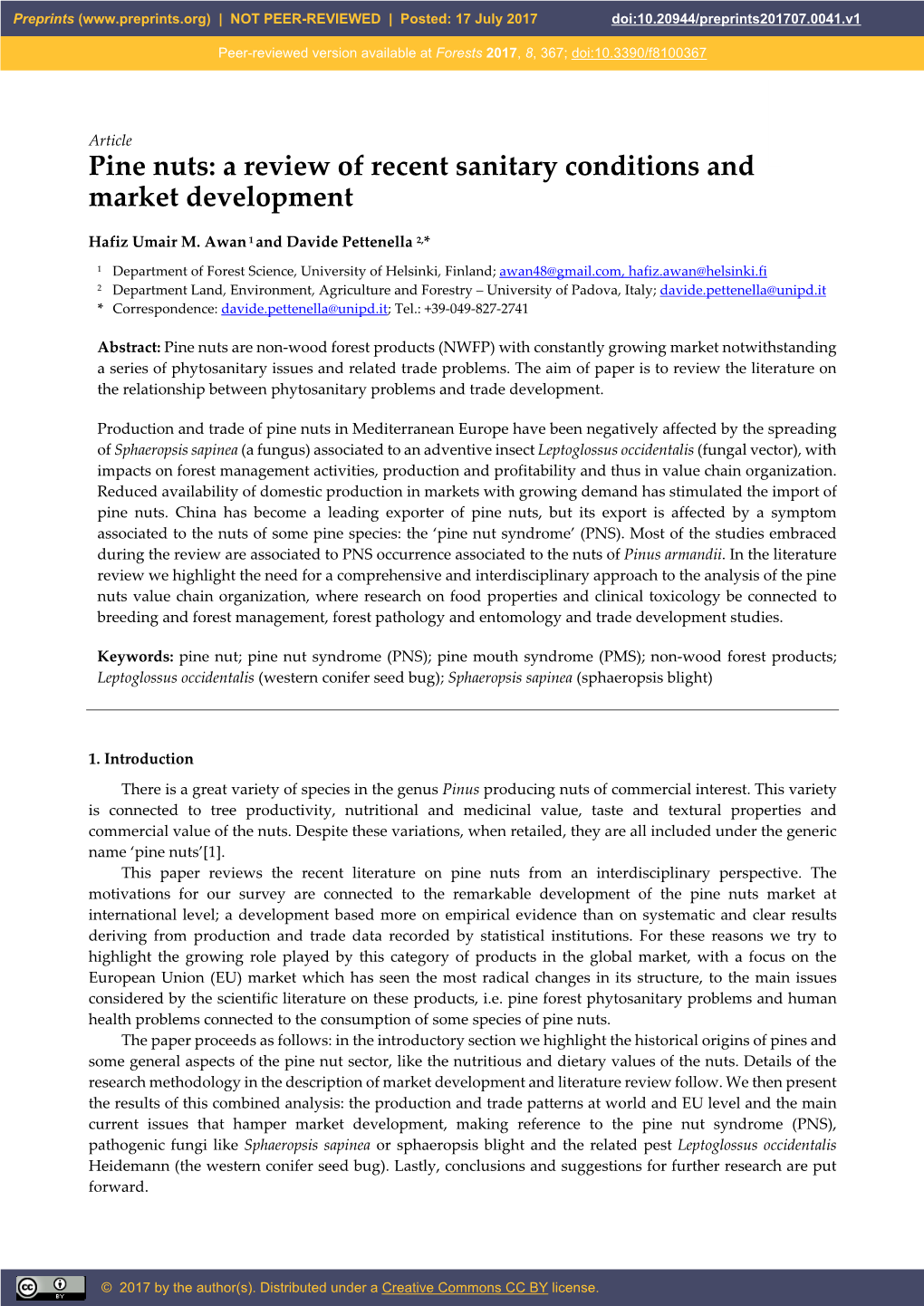 Pine Nuts: a Review of Recent Sanitary Conditions and Market Development