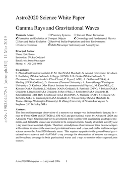 Astro2020 Science White Paper Gamma Rays and Gravitational