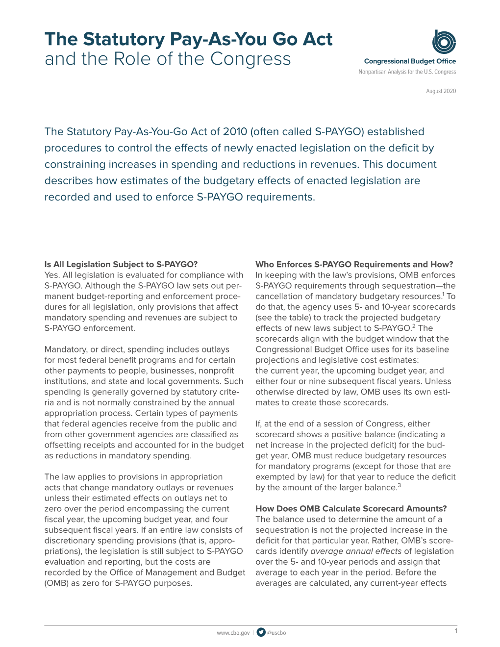 The Statutory Pay-As-You Go Act and the Role of the Congress Congressional Budget Office Nonpartisan Analysis for the U.S