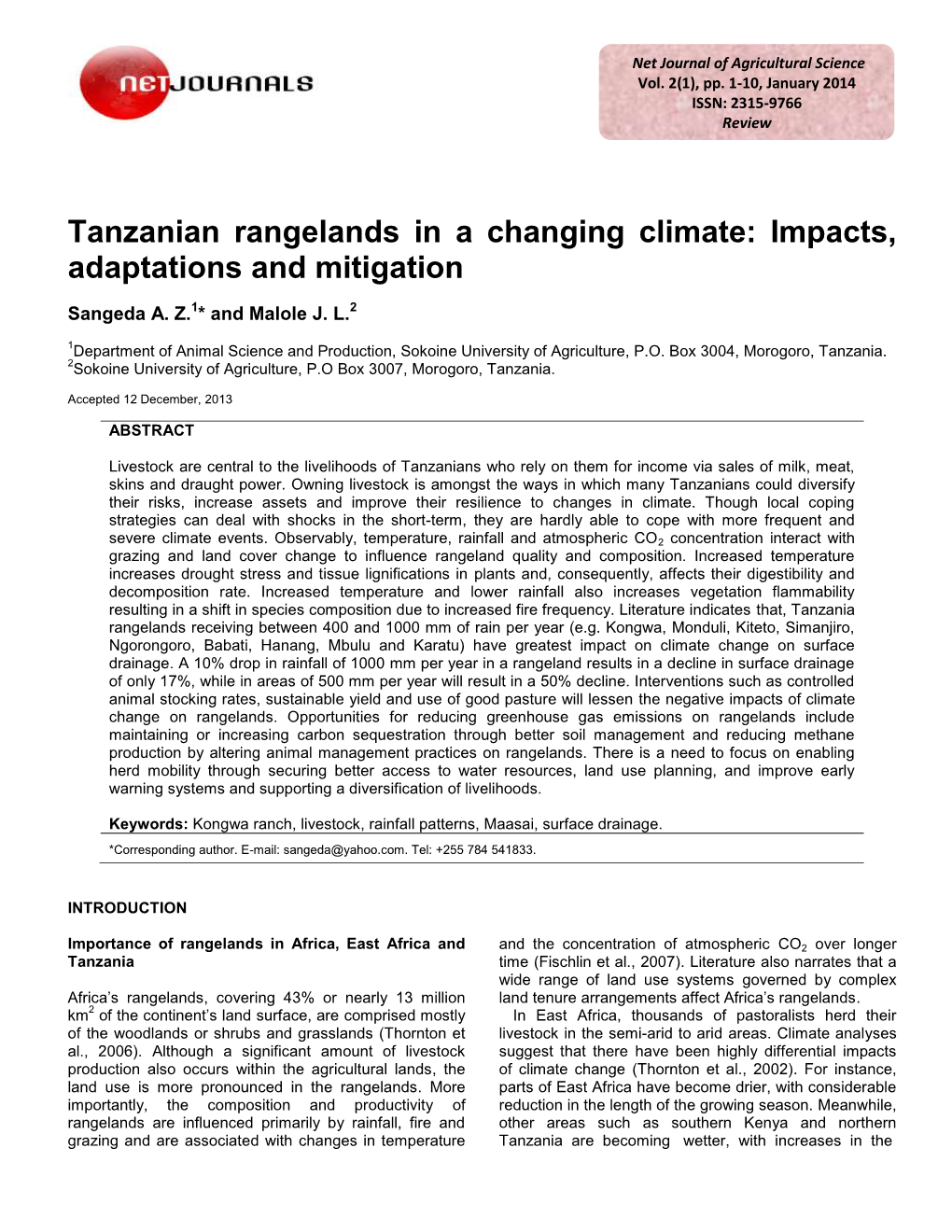 Tanzanian Rangelands in a Changing Climate: Impacts, Adaptations and Mitigation