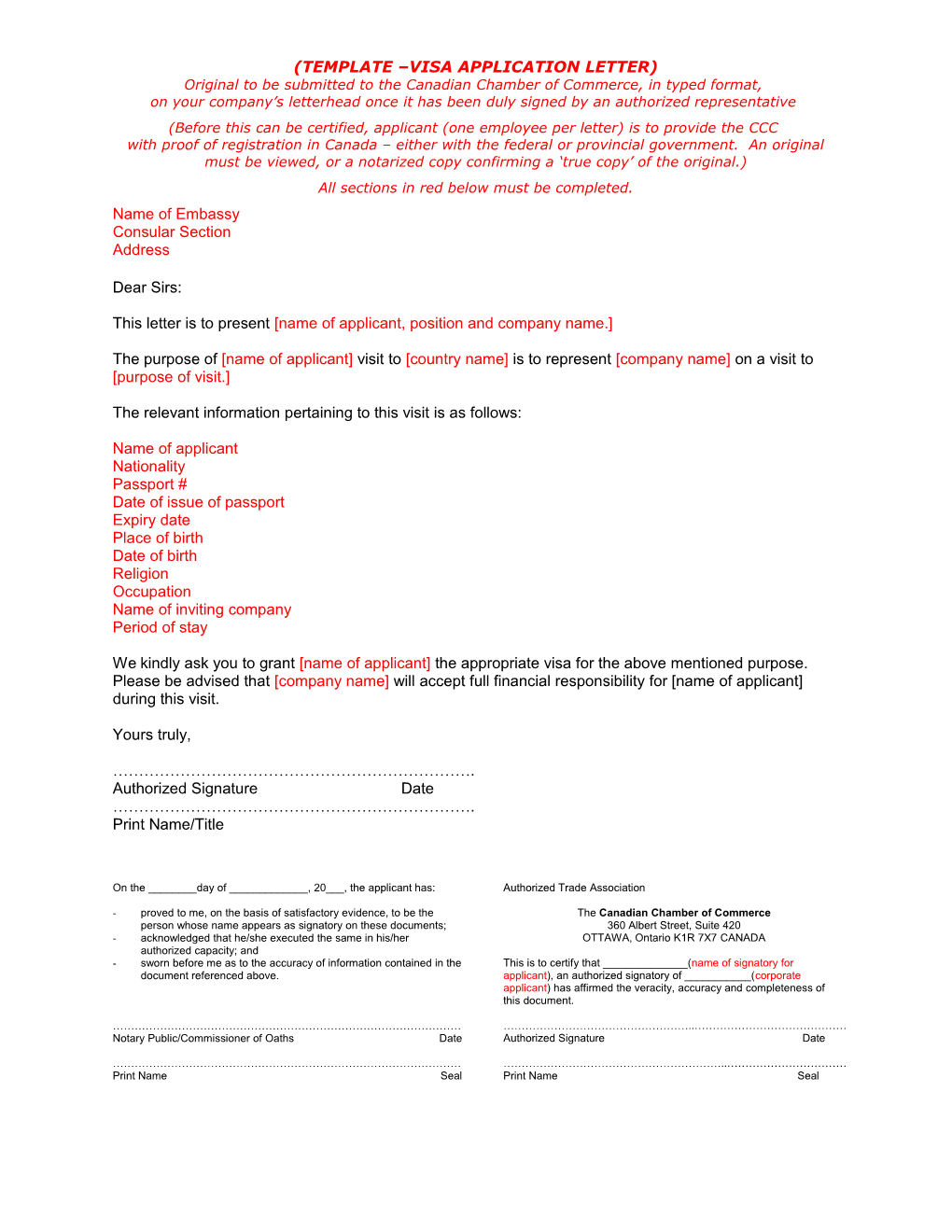 Template Visa Application Letter