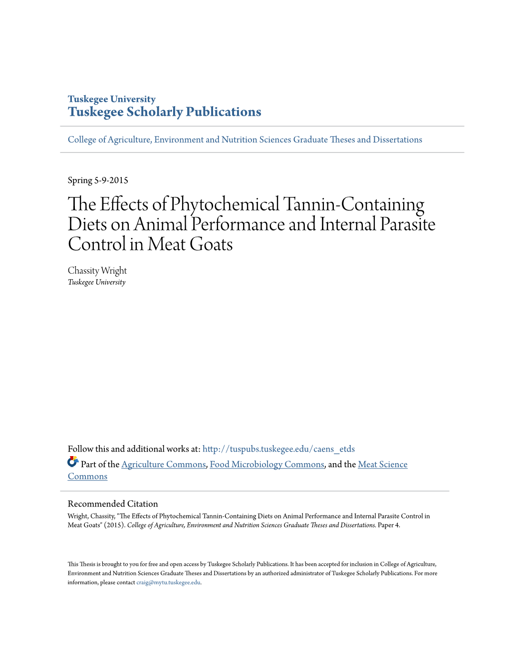 The Effects of Phytochemical Tannin-Containing Diets on Animal Performance and Internal Parasite Control in Meat Goats