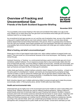 Overview of Fracking and Unconventional Gas Friends of the Earth Scotland Supporter Briefing