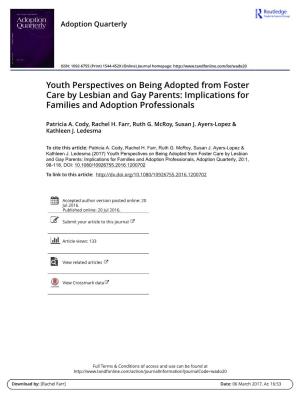 Youth Perspectives on Being Adopted from Foster Care by Lesbian and Gay Parents: Implications for Families and Adoption Professionals