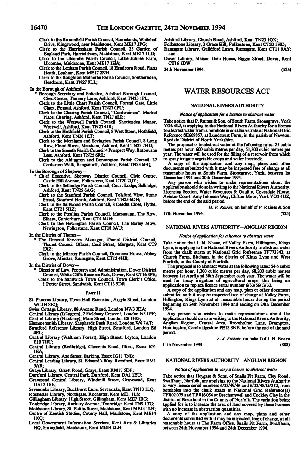 16470 the London Gazette, 24Th November 1994 Water