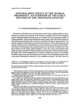 Anti-Malarial Policy in the Madras Presidency: an Overview of the Early Decades of the Twentieth Century