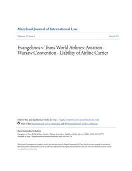 Evangelinos V. Trans World Airlines: Aviation - Warsaw Convention - Liability of Airline Carrier