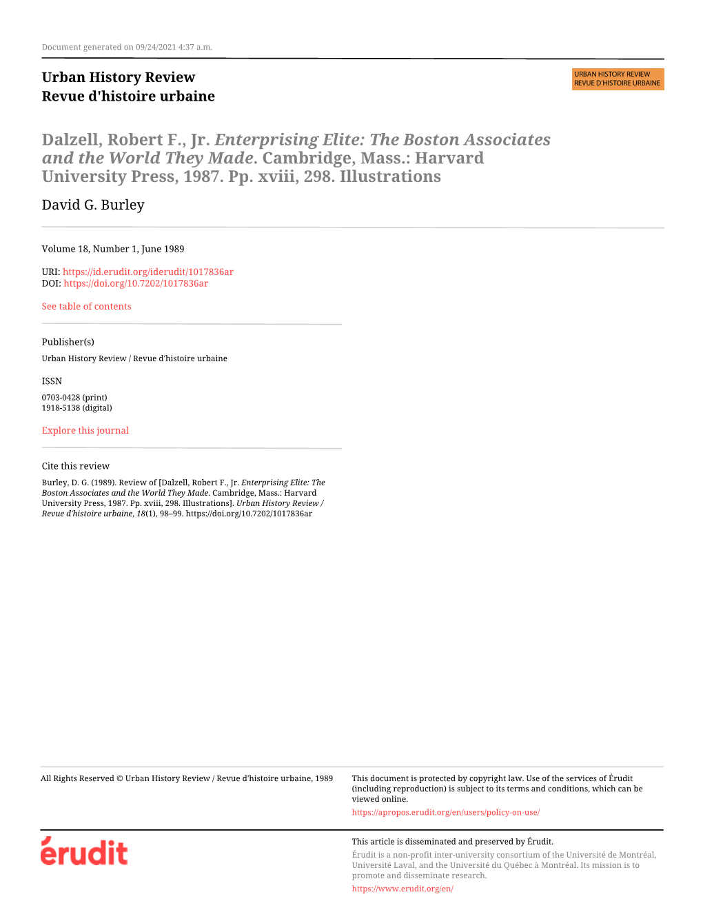 Dalzell, Robert F., Jr. Enterprising Elite: the Boston Associates and the World They Made