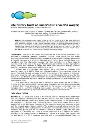Life History Traits of Endler's Fish (Poecilia Wingei)
