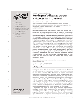 Huntington's Disease: Progress and Potential in the Field