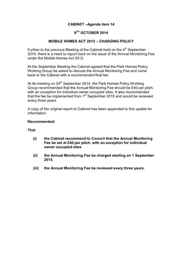CABINET –Agenda Item 14 9 OCTOBER 2014 MOBILE HOMES