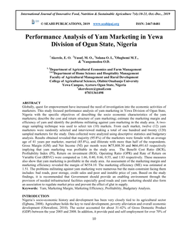 Performance Analysis of Yam Marketing in Yewa Division of Ogun State, Nigeria