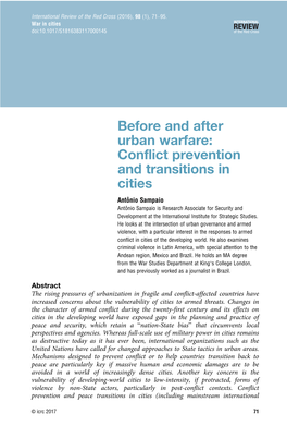 Before and After Urban Warfare: Conflict Prevention and Transitions in Cities