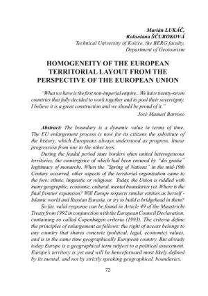 Homogeneity of the European Territorial Layout from the Perspective of the European Union