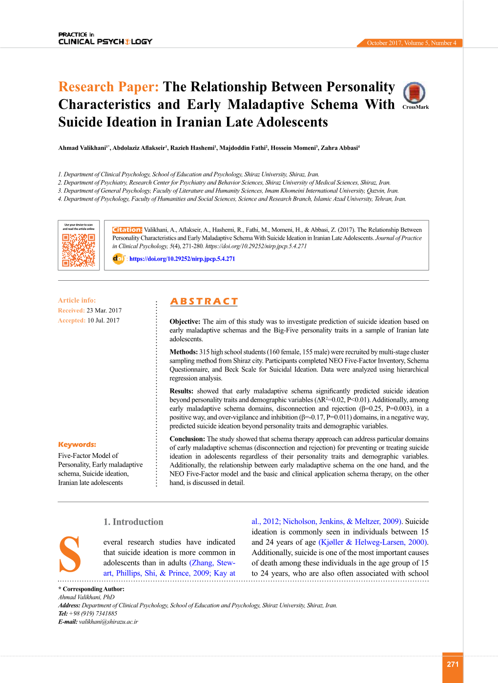 Research Paper: the Relationship Between Personality Characteristics and Early Maladaptive Schema with Suicide Ideation in Irani