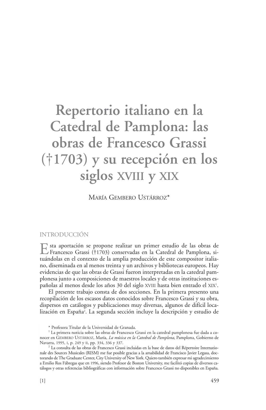 Las Obras De Francesco Grassi (†1703) Y Su Recepción En Los Siglos XVIII Y XIX