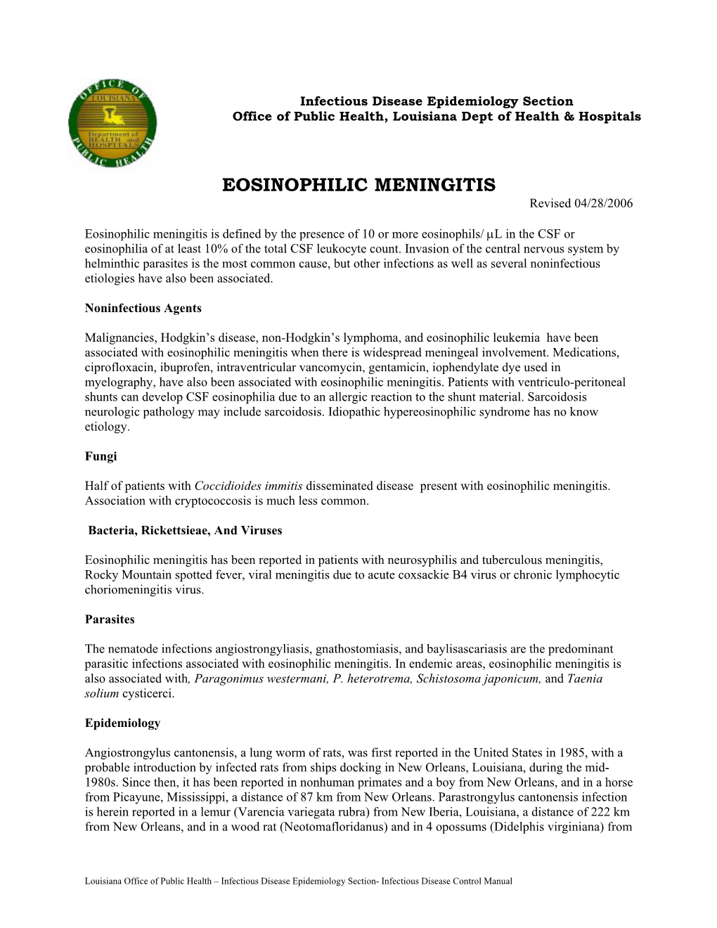 EOSINOPHILIC MENINGITIS Revised 04/28/2006