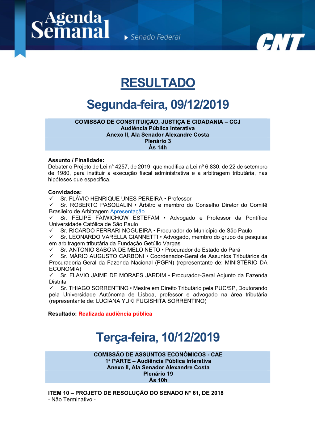 RESULTADO Segunda-Feira, 09/12/2019 Terça-Feira, 10/12/2019