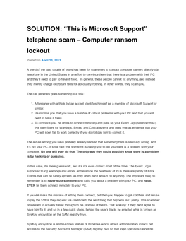 SOLUTION: “This Is Microsoft Support” Telephone Scam – Computer Ransom Lockout