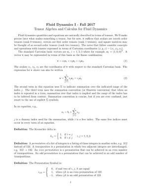 Fluid Dynamics I - Fall 2017 Tensor Algebra and Calculus for Fluid Dynamics