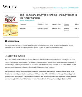 The Prehistory of Egypt: from the First Egyptians to the First Pharaohs Beatrix Midant-Reynes