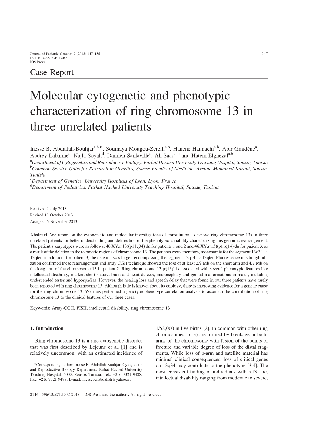 Molecular Cytogenetic and Phenotypic Characterization of Ring Chromosome 13 in Three Unrelated Patients