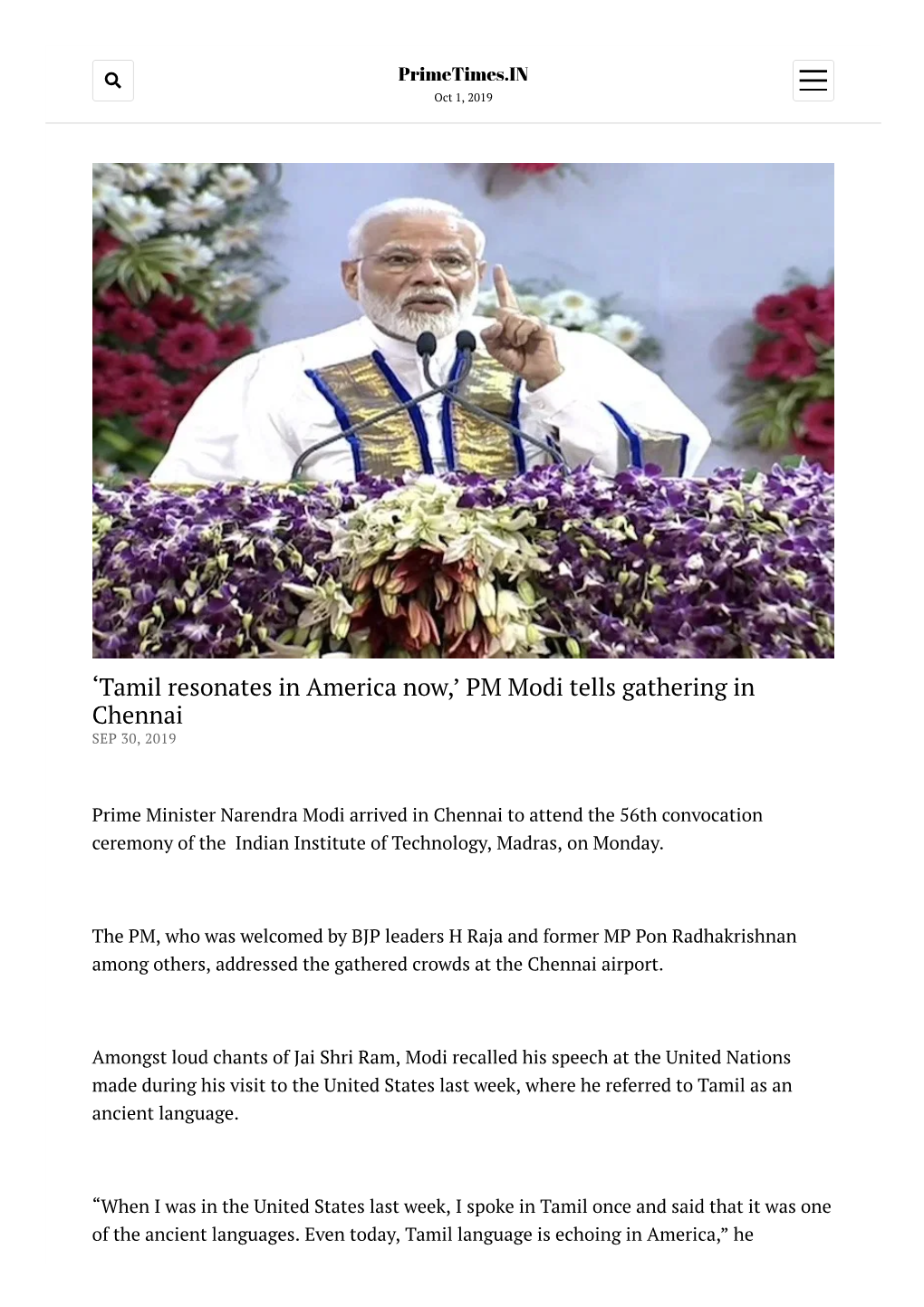 PM Modi Tells Gathering in Chennai SEP 30, 2019