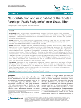 Nest Distribution and Nest Habitat of the Tibetan Partridge (Perdix Hodgsoniae) Near Lhasa, Tibet Tsering Dorge1,2, Göran Högstedt1 and Terje Lislevand3*