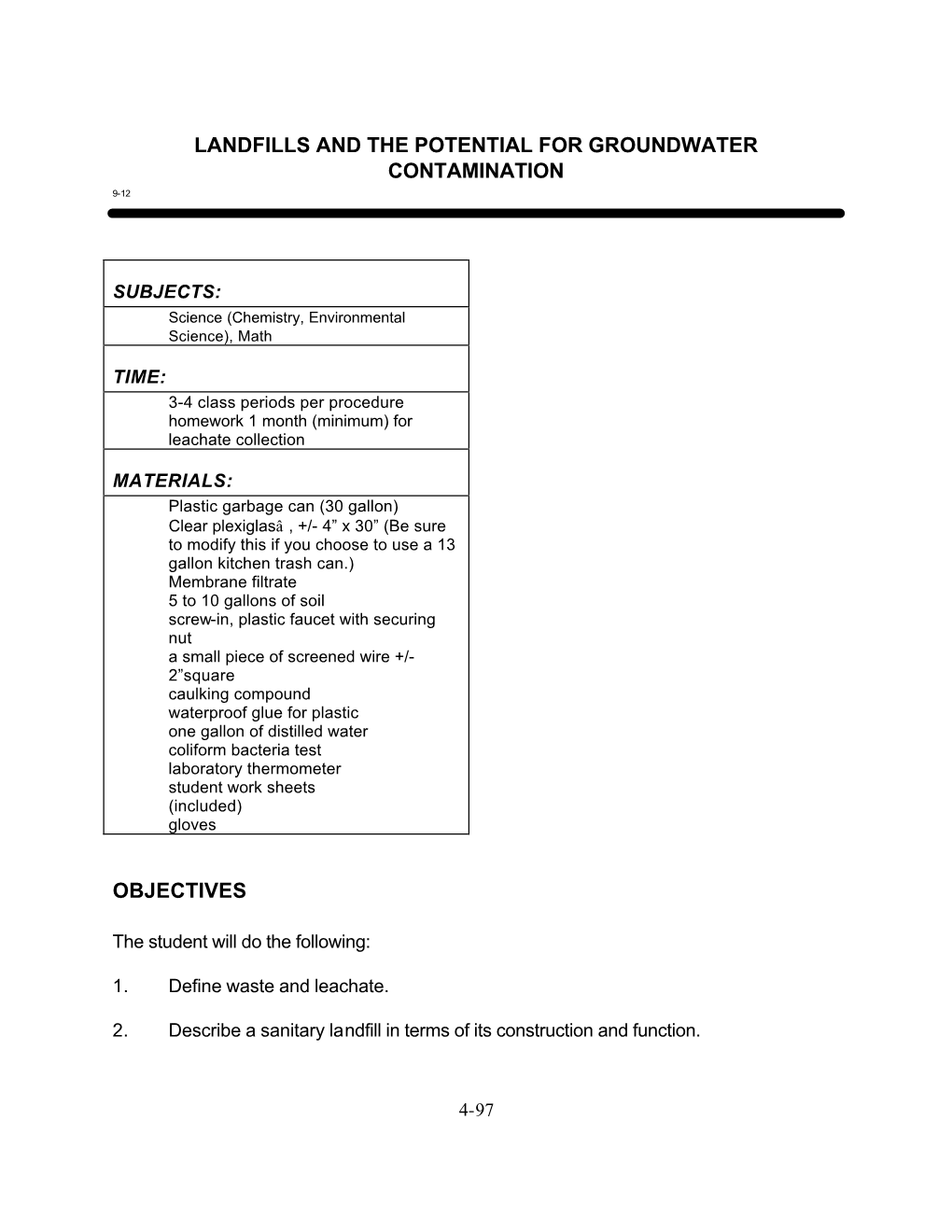 Landfills and the Potential for Groundwater Contamination 9-12