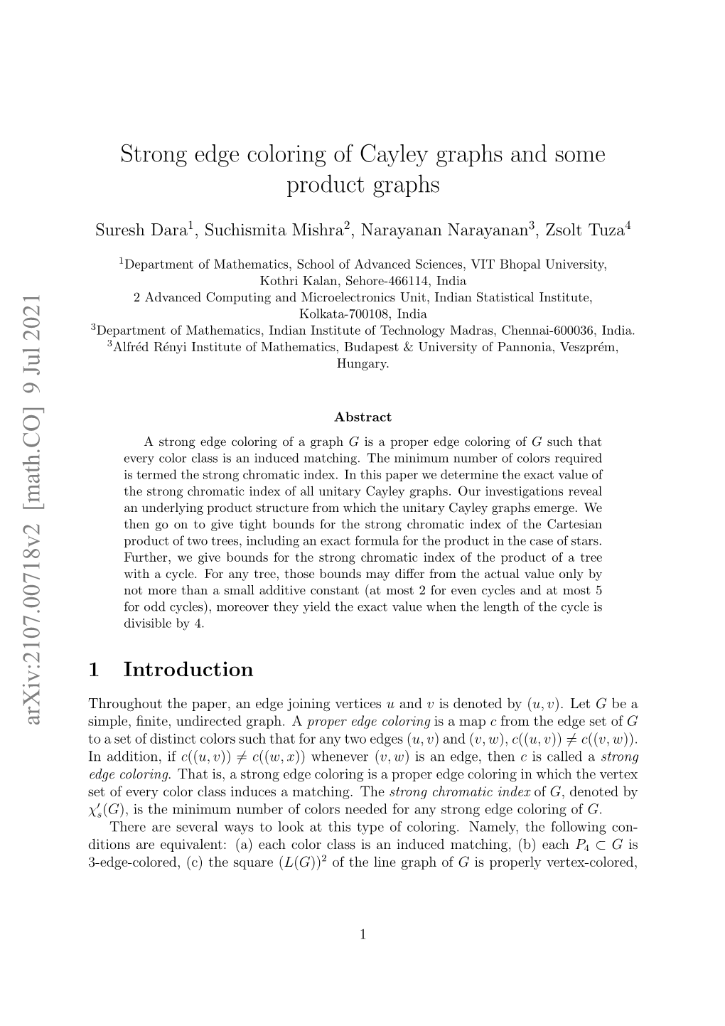 Arxiv:2107.00718V1 [Math.CO] 1 Jul 2021 Strong Edge Coloring Of