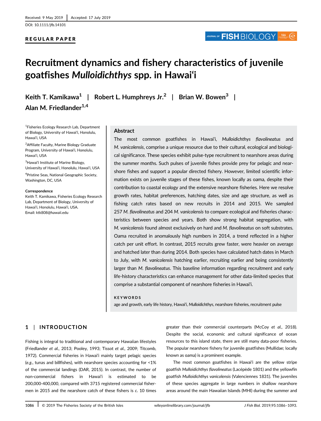 Recruitment Dynamics and Fishery Characteristics of Juvenile Goatfishes Mulloidichthys Spp