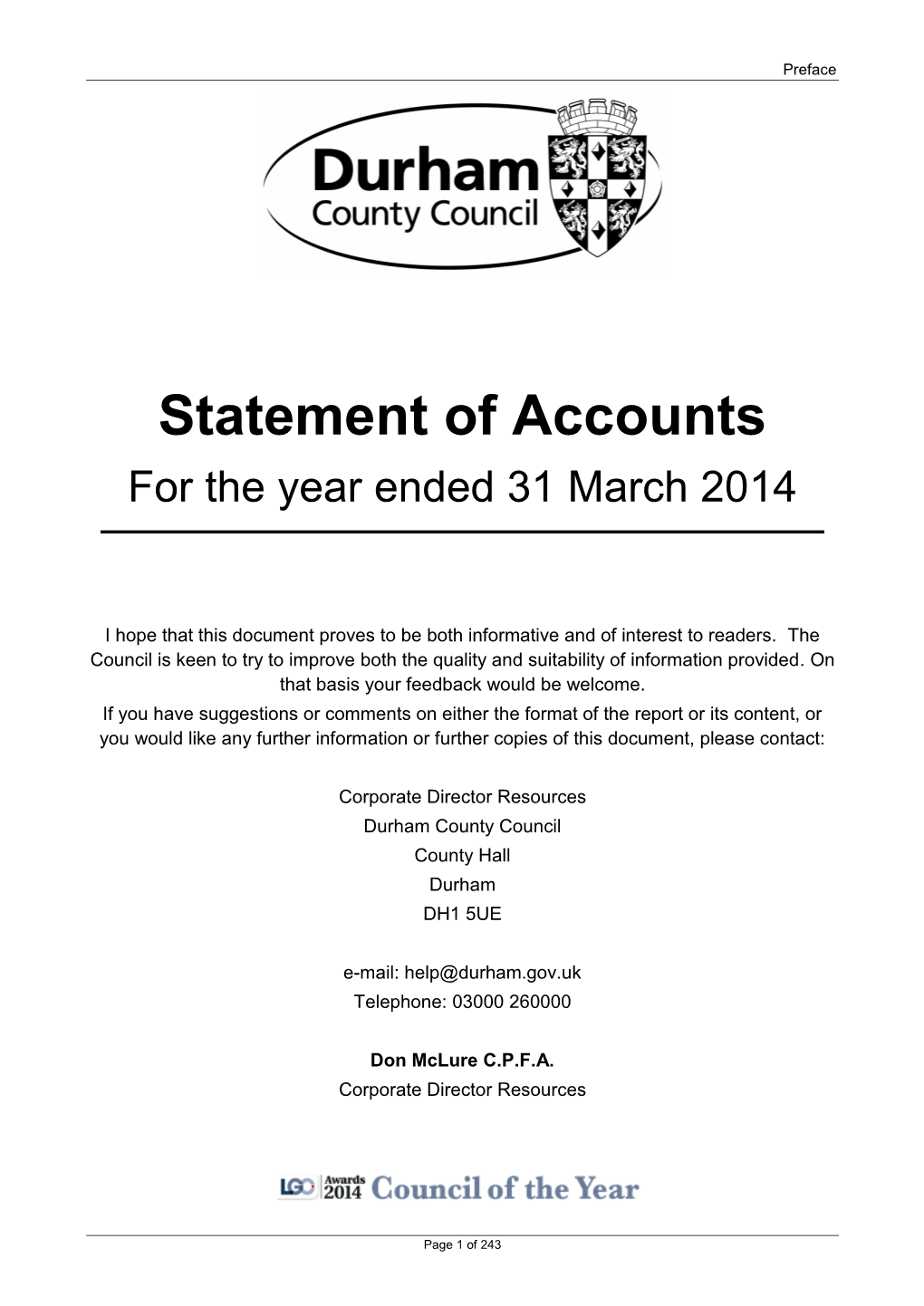 Statement of Accounts for the Year Ended 31 March 2014