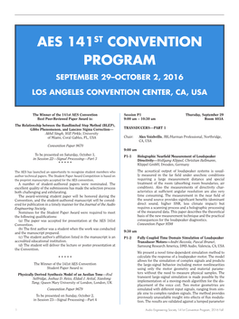 Aes 141St Convention Program September 29–October 2, 2016