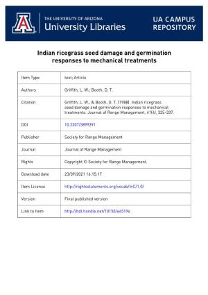 Indian Ricegrass Seed Damage and Germination Responses to Mechanical Treatments